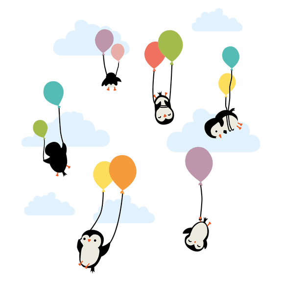 Multicolored 20" x 22" Penguin Animals Balloon Float Vinyl Adhesive Wall Art Decoration Sky Clouds Design Removable Home Kids Bedroom Playroom Wall Decal Sticker
