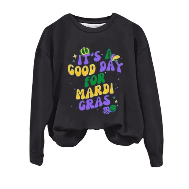 VBARHMQRT Plus Size Sweatshirt Womens Mardi Print O Neck Sweatshirt Round Neck Fit Pullover Tops Fashion Long Sleeve Workout Shirts Loose Blouse