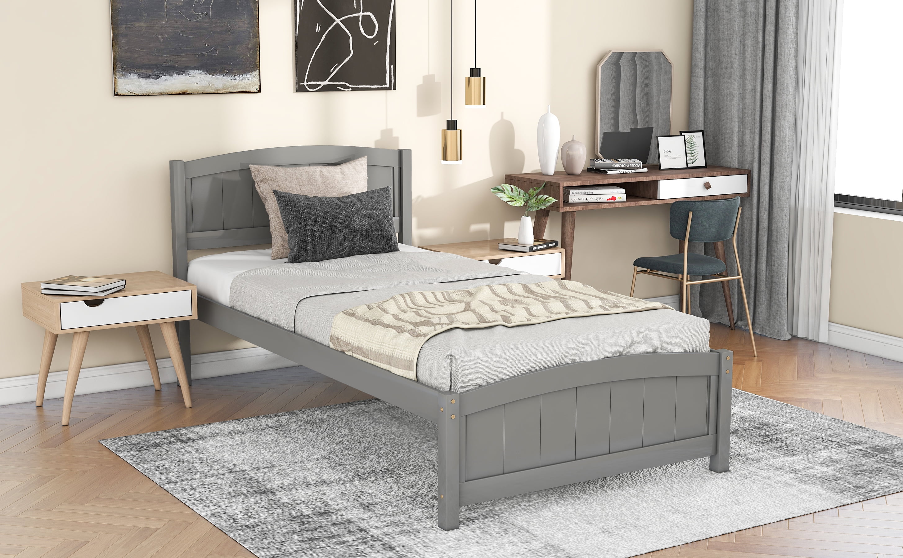 Aukfa Solid Wood Bed Frame, Twin Platform Bed with Headboard, Gray