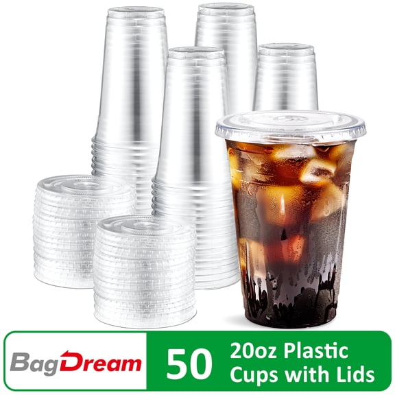 BagDream 50 Pack 20 oz Clear Plastic Cups with Lids, Disposable Iced Coffee Cups with Lids for To-Go Cold Drinks, Smoothies and Slushie