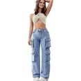 thumbnail image 5 of QERINTE Womens Plus Size Cargo Jeans Women Stretch Straight Leg Jean High Waist Wide Leg Baggy Boyfriend Jeans, 5 of 5