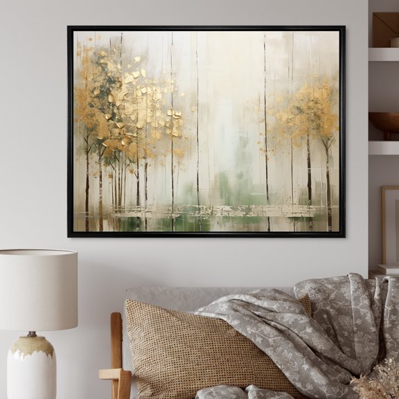 Designart "Beige And Gold Minimalist Forest II" Forest Floater Framed Wall Decor