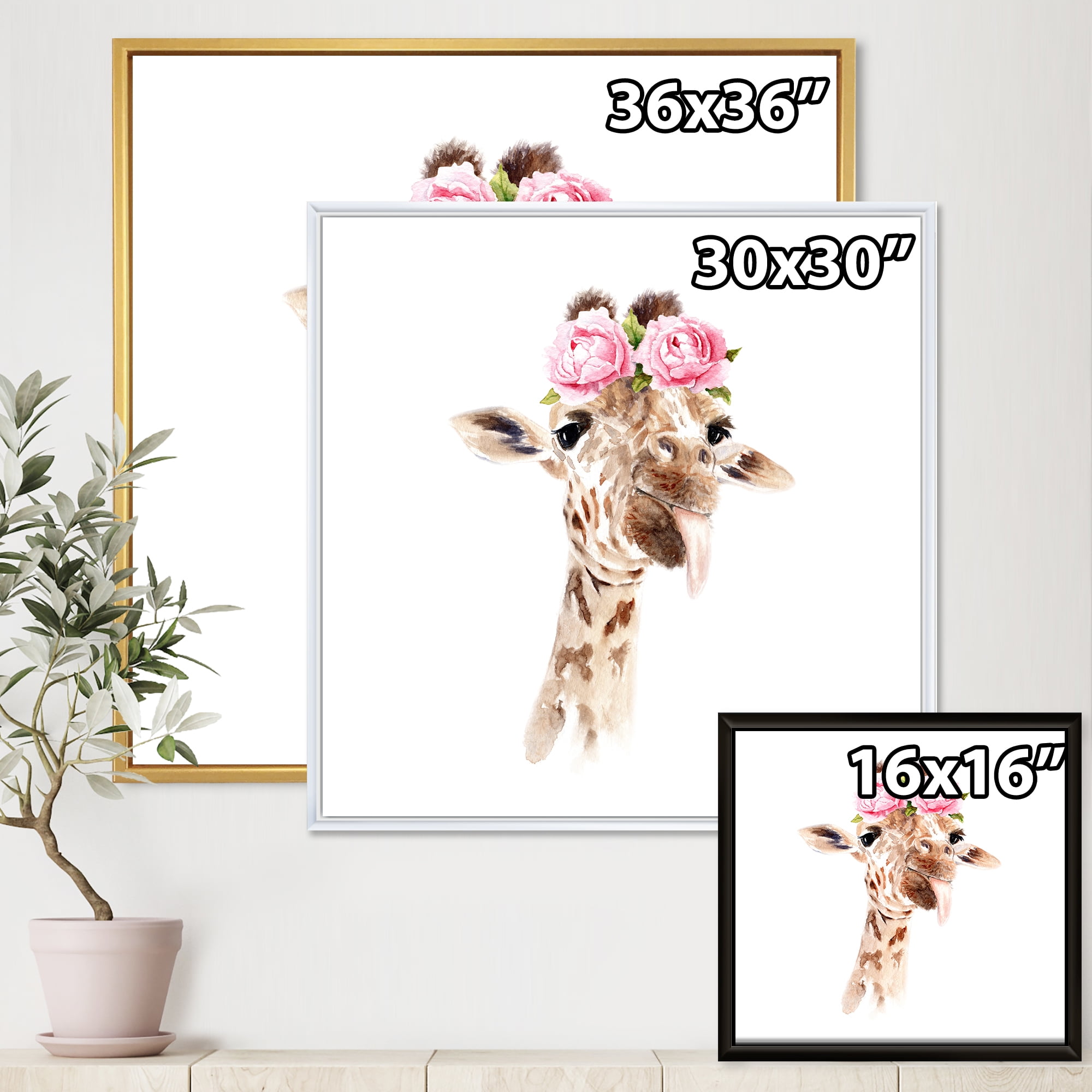Designart 'Portrait of A Giraffe With Pink Flowers' Farmhouse Framed Canvas Wall Art Print