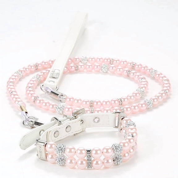 Mictong pet collar and leash set, durable and attractive plastic collar and leash set, artificial pearl collar and leash set, practical collar and leash set, 1 piece, S size, pink style A