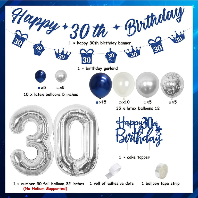 30th Birthday Party Decoration 30 Foil Balloon Cake Topper Latex