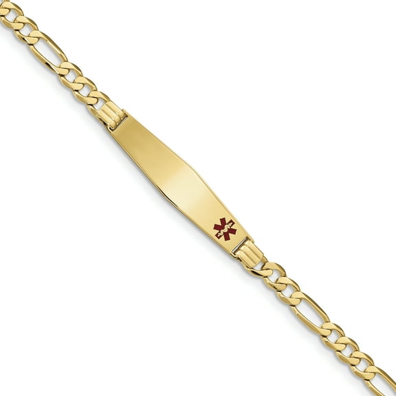 14K Yellow Gold Medical Soft Diamond Shape Red Enamel Flat Figaro Link ID Bracelet