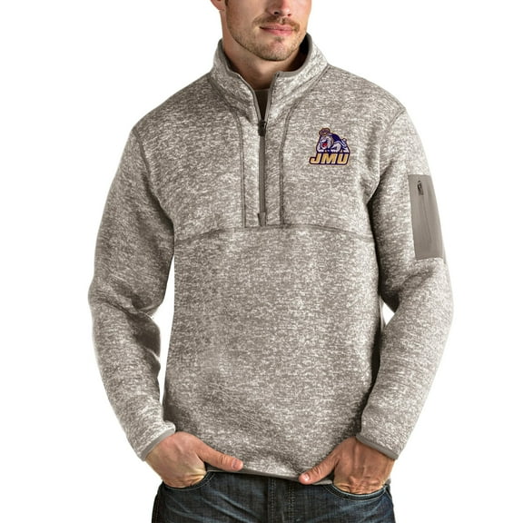 Men's Antigua Oatmeal James Madison Dukes Fortune Half-Zip Pullover Jacket