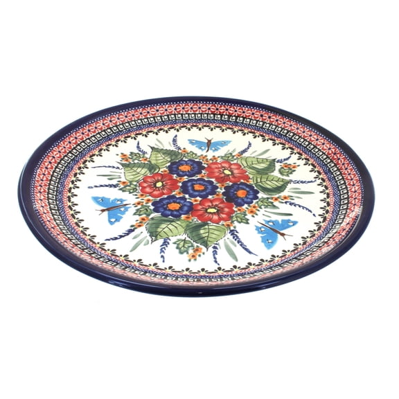 Blue Rose Polish Pottery Floral Butterfly Large Round Platter