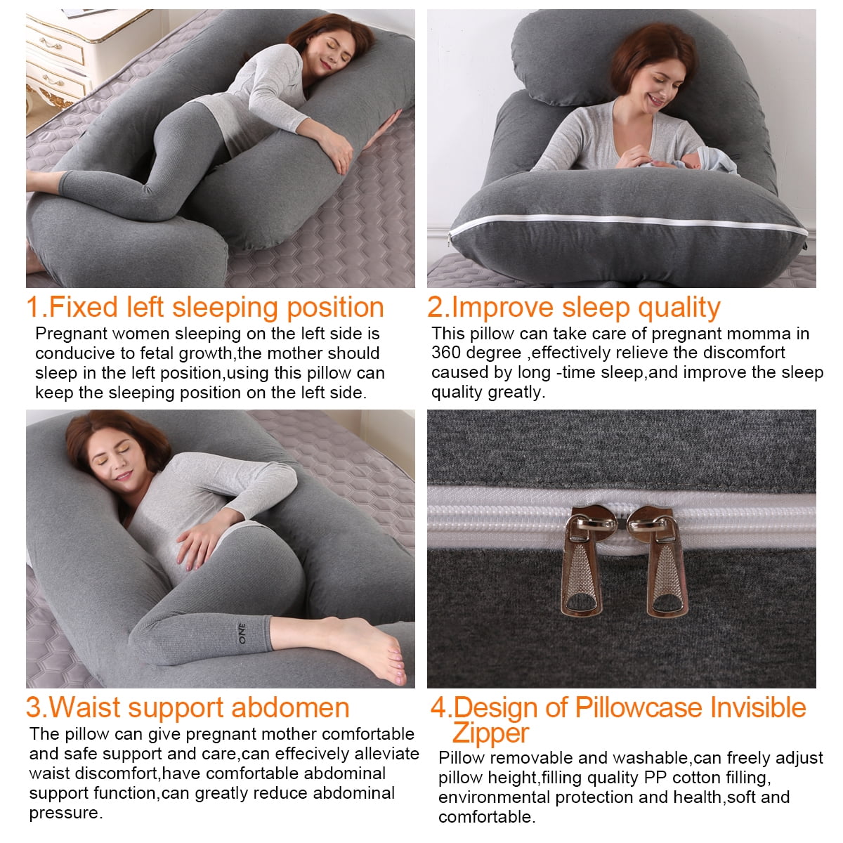 SHANNA 57in Full Body Pillow, Nursing, Maternity and Pregnancy Body Pillow, Extra Large J Shape Pillow and Lounger with Removable Cotton Cover-Dark Gray