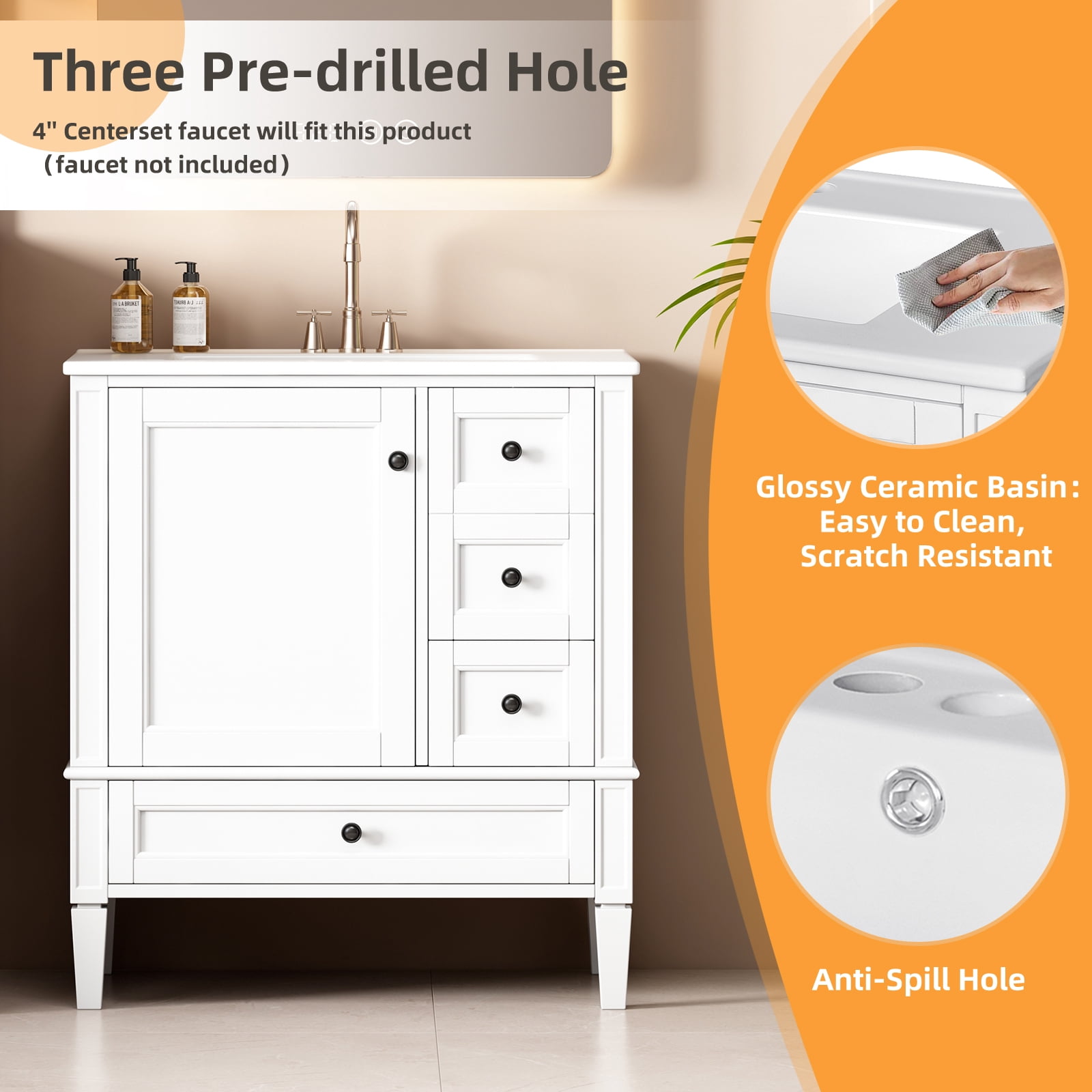 Euroco 30 Inch Bathroom Vanity with Ceramic Sink, White Bathroom with 3 Drawers, Solid Wood Frame Modern Bathroom Storage Cabinet , Ideal for Home