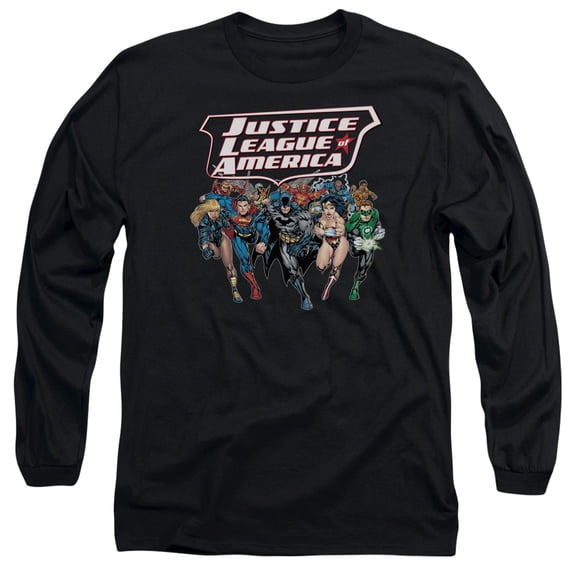 JLA Justice League Charging Justice Long Sleeve Adult 18/1 T-Shirt Black