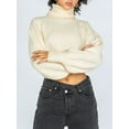thumbnail image 3 of Women's Spring Short Knit Sweater Solid Color Long Sleeve Cowl Neck Pullover Knitwear, 3 of 7