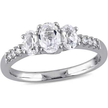 Miabella 1-1/2 Carat T.G.W. Oval-Cut Created White Sapphire and 1/10 Carat T.W. Diamond 10kt White Gold Three-Stone Engagement Ring