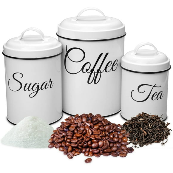 Canister Sets for Kitchen Counter Kitchen Canisters Set of 3 Airtight Countertop Flour and Sugar Containers Coffee and Tea Storage Rustic Farmhouse Kitchen Decor White