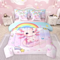 Manfei Cartoon Cute Axolotl 7 Pieces Bedding Comforter Set,Kawaii Rainbow Stars Full Bedding Set,Ocean Sealife Fitted Sheet Flat Sheet For Girls Kids,Breathable Home Decor Reversible