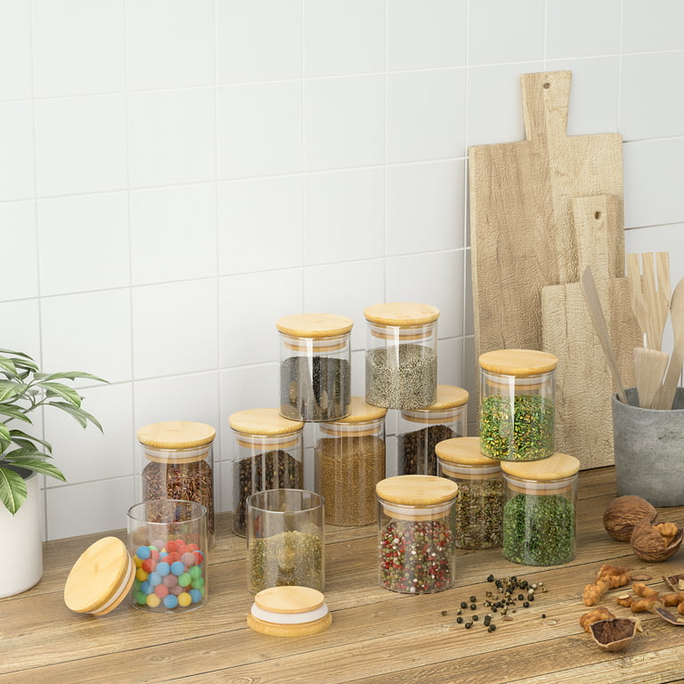  Glass Spice Jars with Bamboo Lids Set of 12 - 5 oz Airtight  Glass Jar Storage Containers Stackable Wood Lid - Shatterproof Glass  Canisters for Kitchen Pantry Organization, Herbs, Candy, Dry