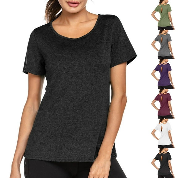 DDAPJ pyju Open Back Workout Tops for Women Loose Fit Athletic Crop Tee Short Sleeve Gym Running Yoga Shirt Army Green L