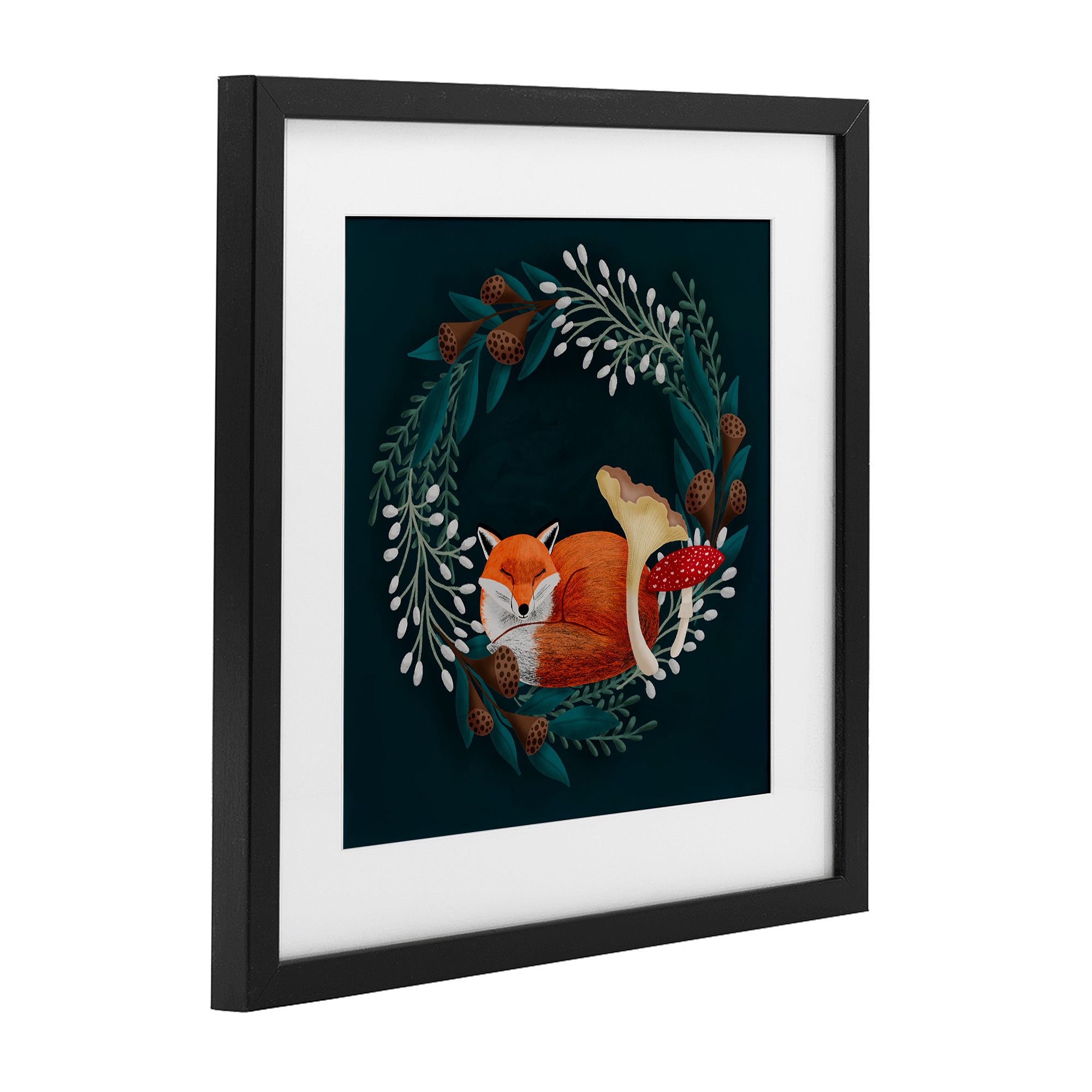Sleepy Fox in Botanical Wreath Black Framed Print Under Glass, design by Metka Hiti
