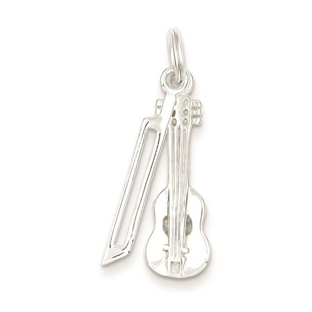 925 Sterling Silver 3-D Polished Violin & Bow Solid Charm Pendant 25mmx8mm