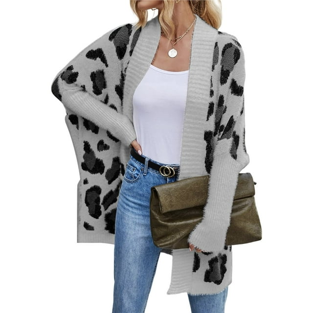 Women's Y2k Open Front Knitted Sweater Leopard Print Long Batwing Cardigan Fall Winter Loose Coat Gray L