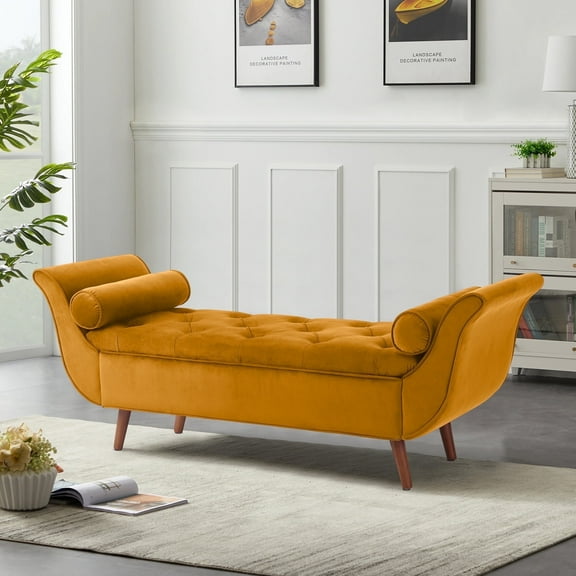 LiangFu Storage Ottoman, Upholstered Window Sitting Bench for Bedroom, With Flap and 2 VelvetRound Pillows Bedside Bench , LivingroomBedchamber,Brown