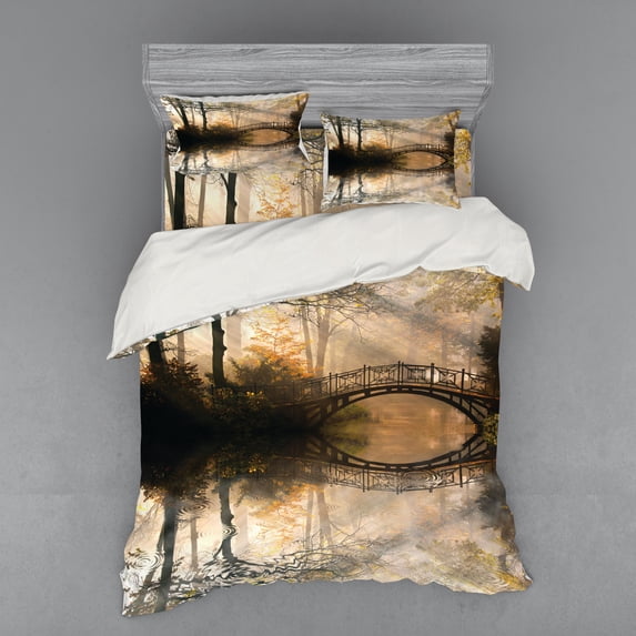 Ambesonne Landscape Bedding Set 4 Pcs, Bridge River Forest, Queen, Multicolor