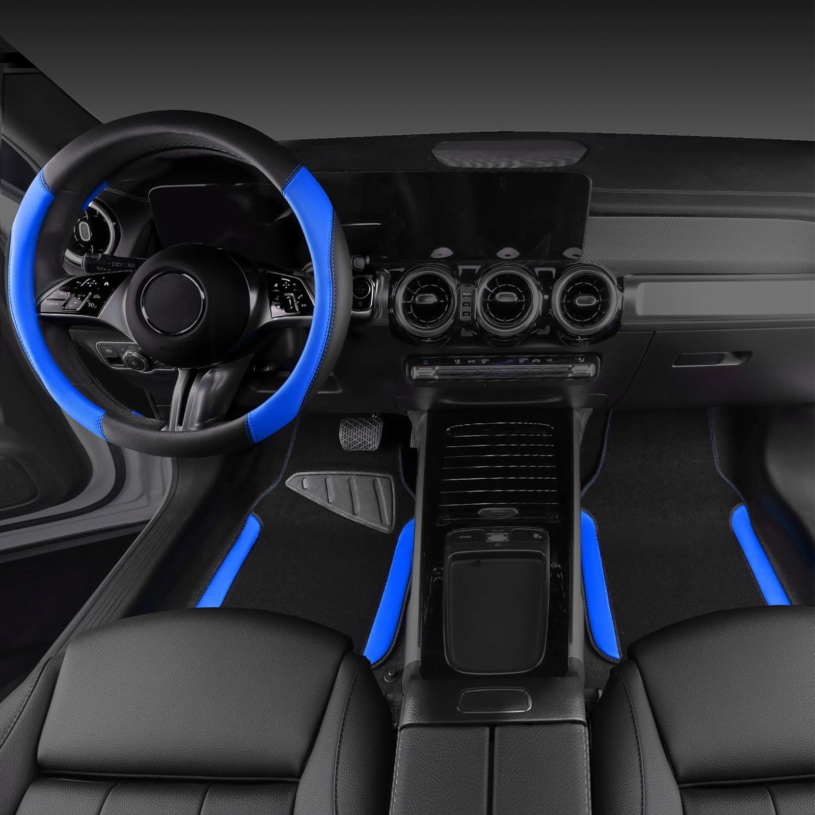 CAR GRAND Faux Leather Car Steering Wheel Cover Combo Pack Car Floor Mats, Universal Fit Waterproof Anti-slip Carpet 14.5-15 Inches Blue & Black