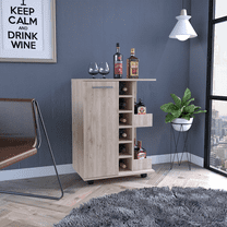 32" H light oak bar-coffee cart, cabinet storage, with 4 wheels, 1 divided storage with 1 shelf, 1 folding door, a central vertical division for 6 bottles and 2 side shelves with aluminum front