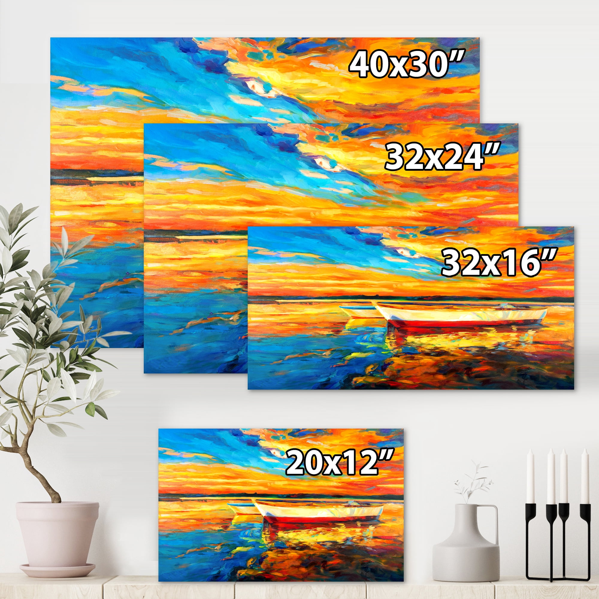 Designart ' Red and White Boats By The Pier At A VIbrant Sunset ' Nautical & Coastal Canvas Wall Art Print