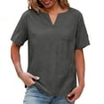 thumbnail image 2 of Horkkom Linen Shirts for Women Summer V Neck Short Sleeve Shirts Casual Solid Color Loose Blouses with Pocket L, 2 of 8