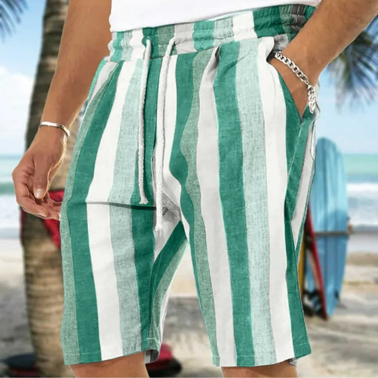 Men Linen Blend Shorts Striped Casual Classic Flat Front Elastic Drawstring  Summer Beach Short Knee Length