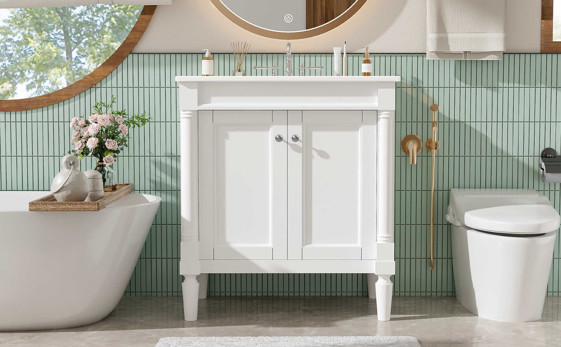 Euroco 30" Luxurious Bathroom Vanity Cabinet with Ceramic Sink Basin, 30-Inch, Storage Cabinet with Soft Close Doors and Solid Wood Legs