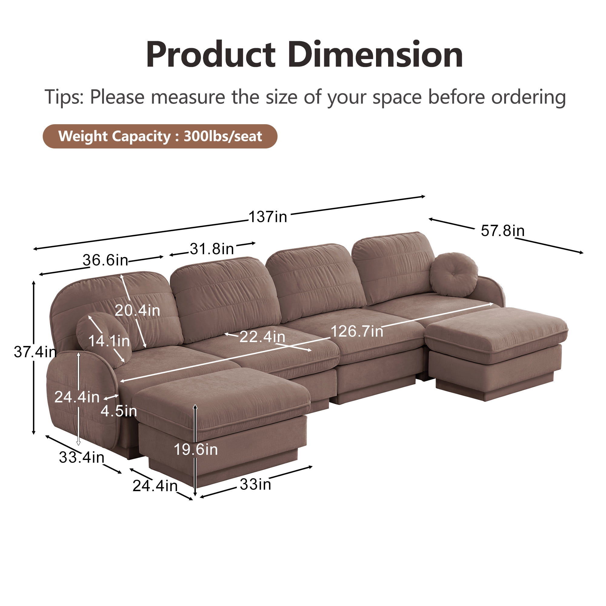Mintazer 137" Chenille Cloud 4-Seater Modular Sectional Sofa with 2 Movable Ottoman & Round Pillows, U-Shaped Ergonomic Sofa Couch for Living Room, Apartment, Rose Dust