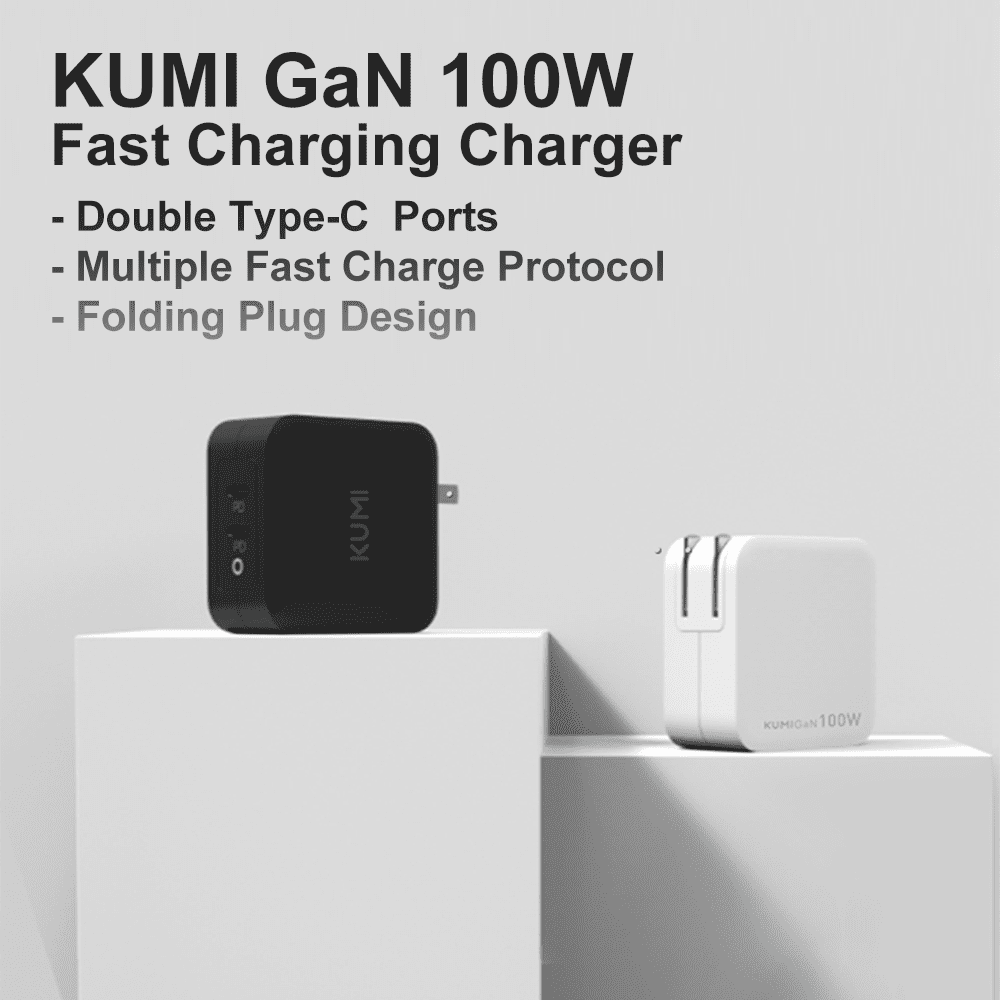 KUMI PowerPort,100W 2-Port USB C Charger GaN,USB C Wall Charger With QC 3.0 Portable Fast Charger for USB C laptops, MacBook Pro/Air, Samsung Galaxy S20, Dell XPS 13, iPhone 13 12, iPad Pro