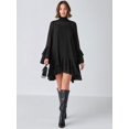 thumbnail image 5 of Black Solid Layered High Neck Flowy Long Sleeve Mini Dress With Ruffle Sleeves, 5 of 8