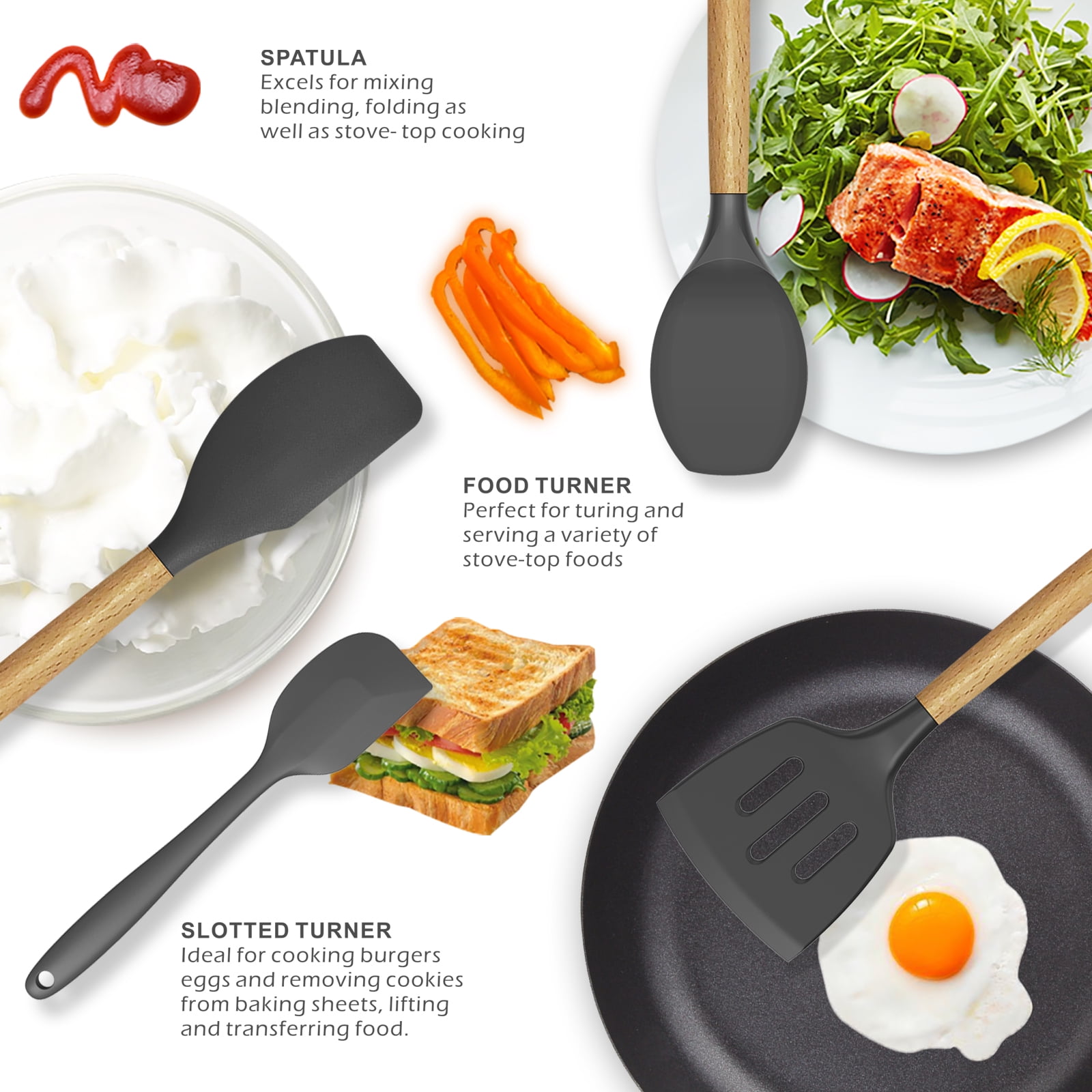 oannao Silicone Cooking Utensils Set - 446°F Heat Resistant Silicone Kitchen Utensils for Cooking,Kitchen Utensil Spatula Set w Wooden Handles,Holder, BPA FREE Gadgets for Non-Stick Cookware (Grey)