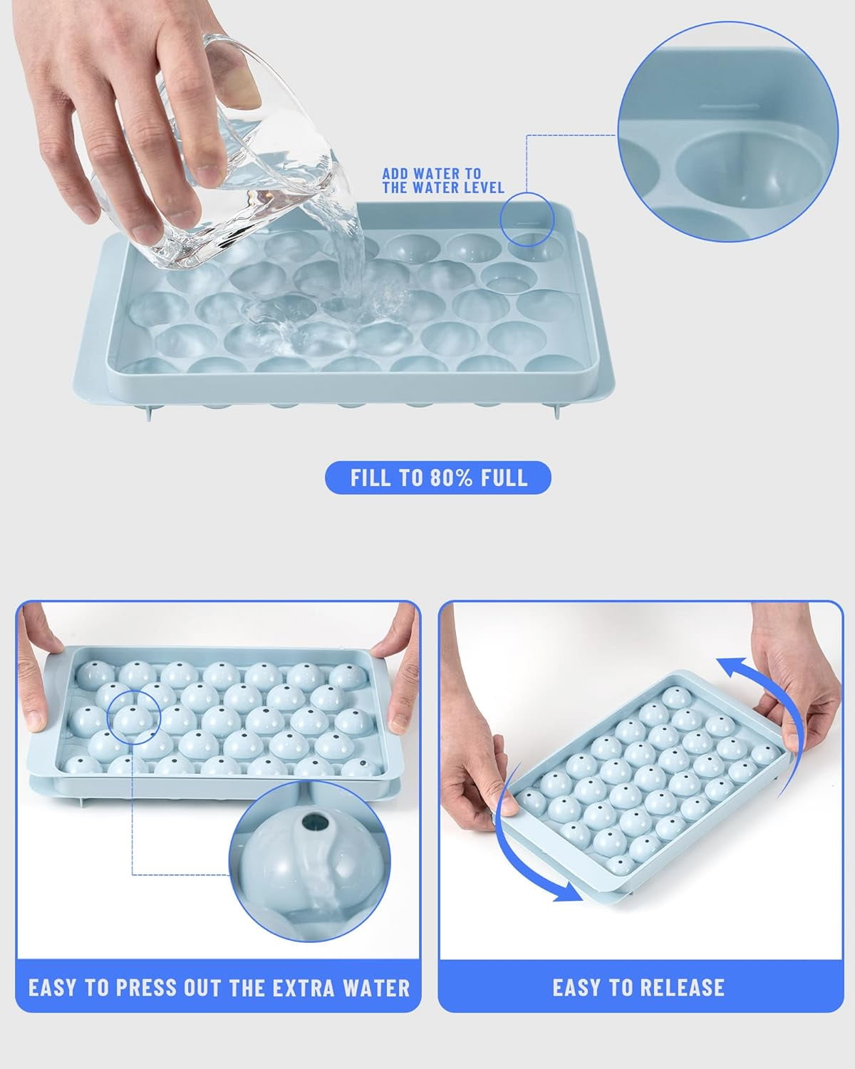 Ice Cube Tray with Lid & Bin Ice Ball Maker Mold for Freezer with Container Mini Circle Ice Cube Tray Making 99PCS Sphere Ice Balls (2.54cm/1 inch), 3 Trays 1 ice Bucket & Scoop