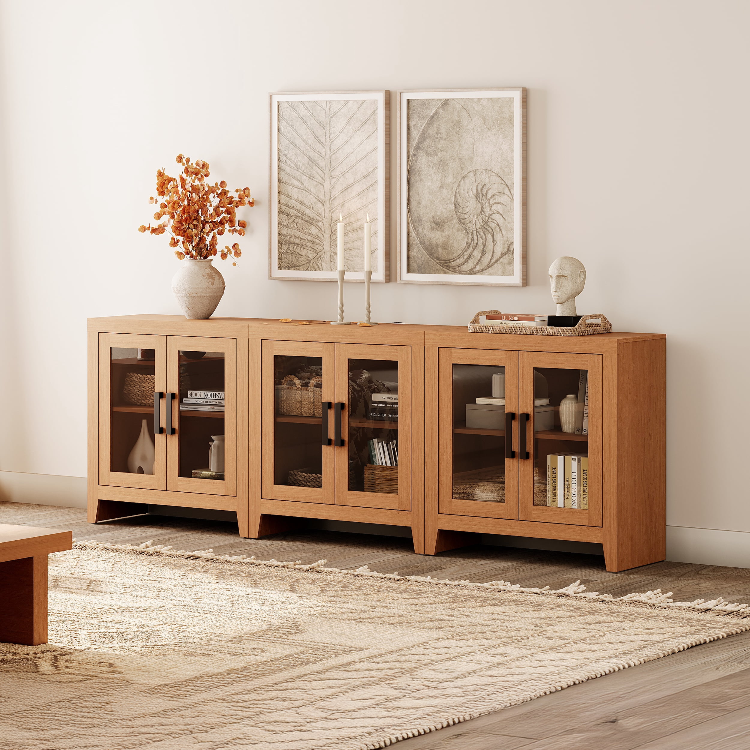 WAMPAT Modern Farmhouse TV Stand up to 100"TV, Entertainment Center with Tempered Glass Doors & Adjustable Shelves, Mocha