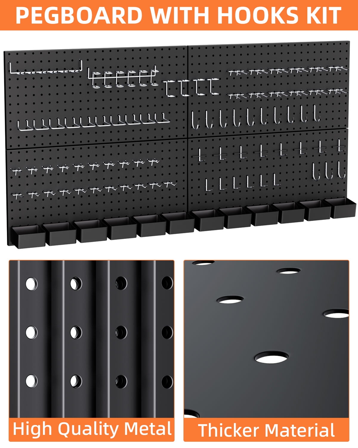 INCLY 158PCS Metal Pegboard Wall Organizer, 48x24 Inch Black Pegboard Panels Tool Organizer Kit with Accessories Hooks and Bins, Peg Board Utility Tool Storage for Garage Workbench Shed