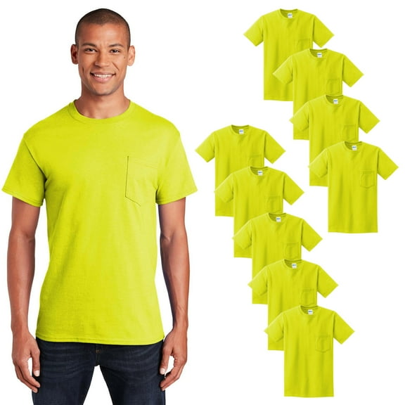 Gildan Men’s Ultra Cotton Hi Vis Pocket T-Shirt, Safety Green Short Sleeve Work Tee, S-5XL, 9-Pack