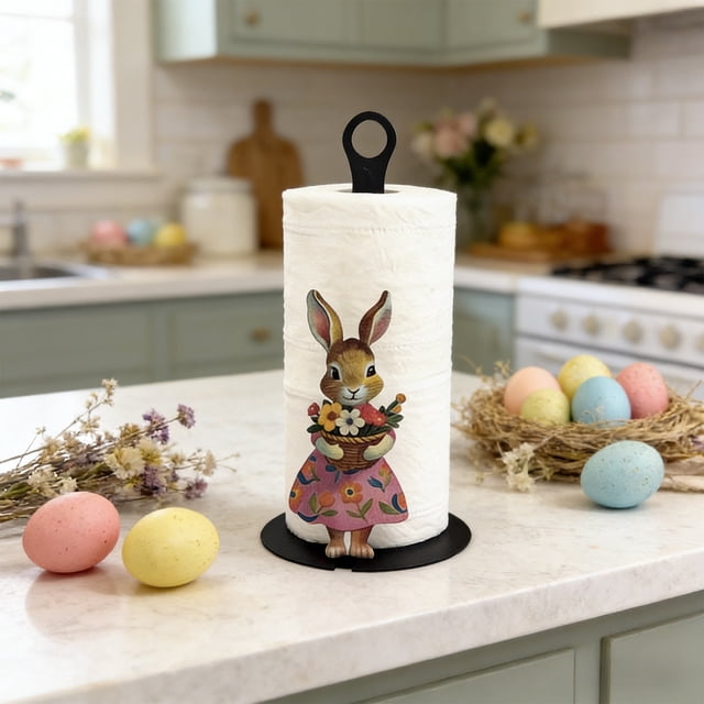 CaiYueKe Metal Paper Towel Holder Countertop Kitchen Bathroom Decor Easter Spring Decorative Rabbit Design Weighted Base Stable Non-Slip Home Tabletop Accessory