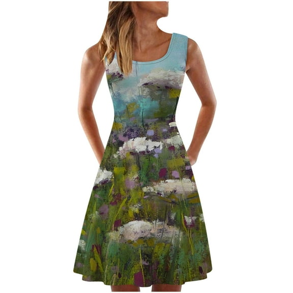 Cyber&Monday Deals Womens Summer Dresses Casual Boho Flowy Swing Sun Beach Dress Sleeveless Mini Dress Floral Print Tank Dress U Neck