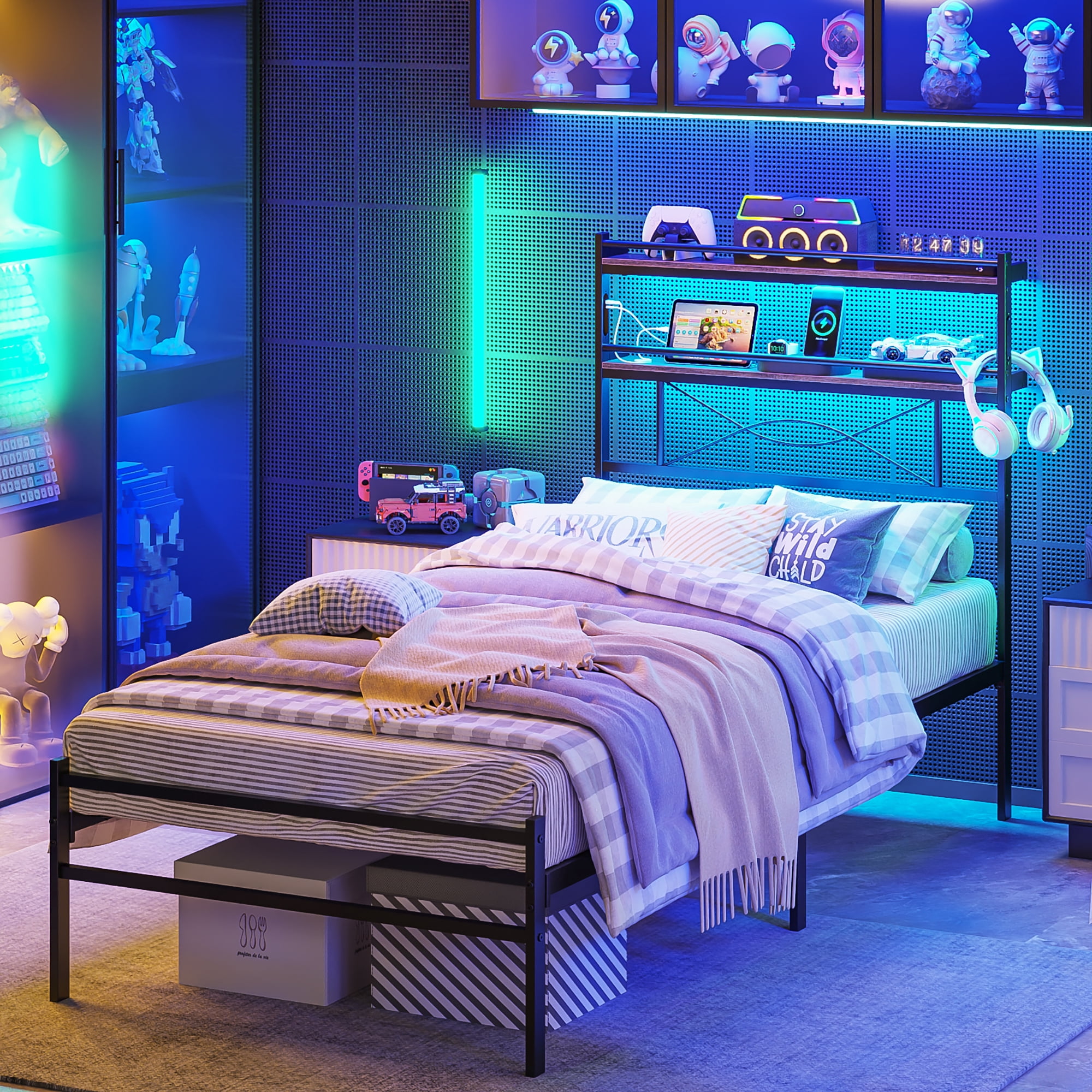 Yoneston Kids Twin Size LED Light Metal Platform Bed Frame with 2-Tier Storage Headboard &  Power Outlet for Boys Teens, Black