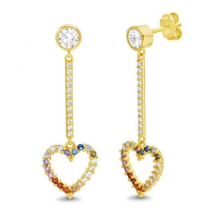 Flat Open Heart Earring - Lesa Michele Rainbow Cubic Zirconia Open Heart Drop Post Earring in Yellow Gold Plated Sterling Silver