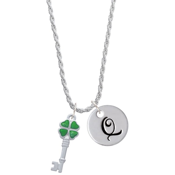 Delight Jewelry Silvertone Translucent Green Lucky Four Leaf Clover Key Silvertone Script Initial Disc - Q - Charm Necklace, 20"+3"
