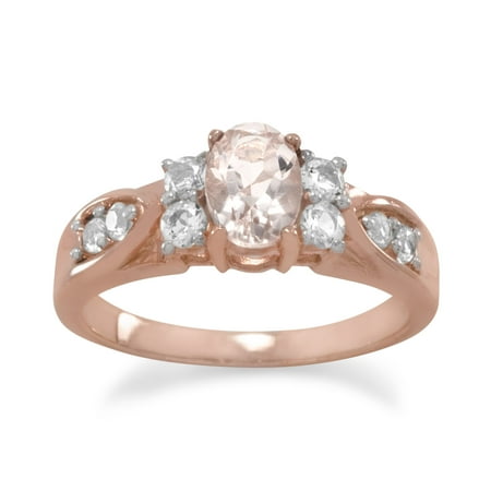 Morganite White Ring - Rose Gold-Flashed Ss Ring Center 5mm X 7mm Oval Morganite Two 2.5mm White Topaz Either Side - Ring Size: 5 to 9