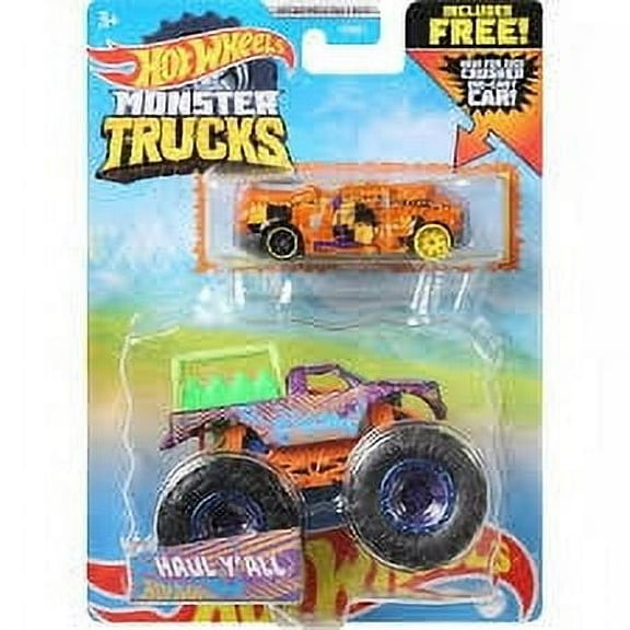 Hot Wheels Monster Trucks 2-Pack, 1 1:64 Scale Vehicle with Giant Wheels & 1 Die-Cast Car