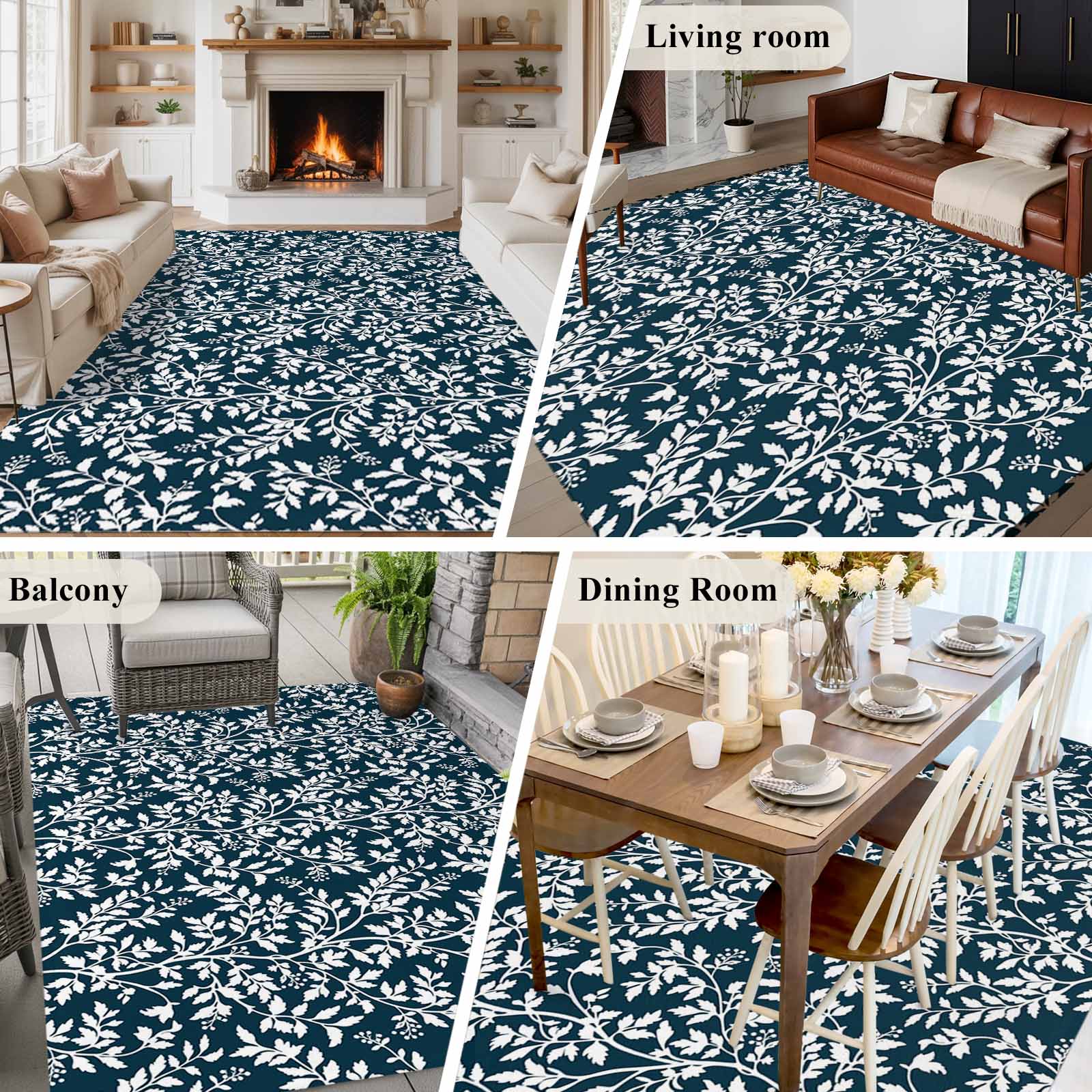 5'x7' Area Rugs for Living Room Bedroom, Navy Blue Spring Floral Washable Rug Carpet Runner Indoor Outdoor, Farmhouse Flowers Elegant Pastoral Non Slip Floor Mats Area Rug for Kitchen, Nursery