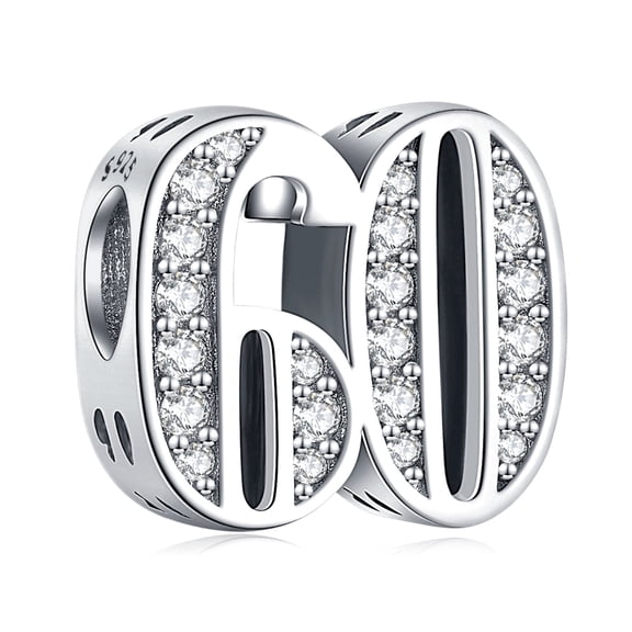 NINGAN Sparkling S925 Clear Pave Number 60 Bead Charm for Women Moment Charm Bracelet