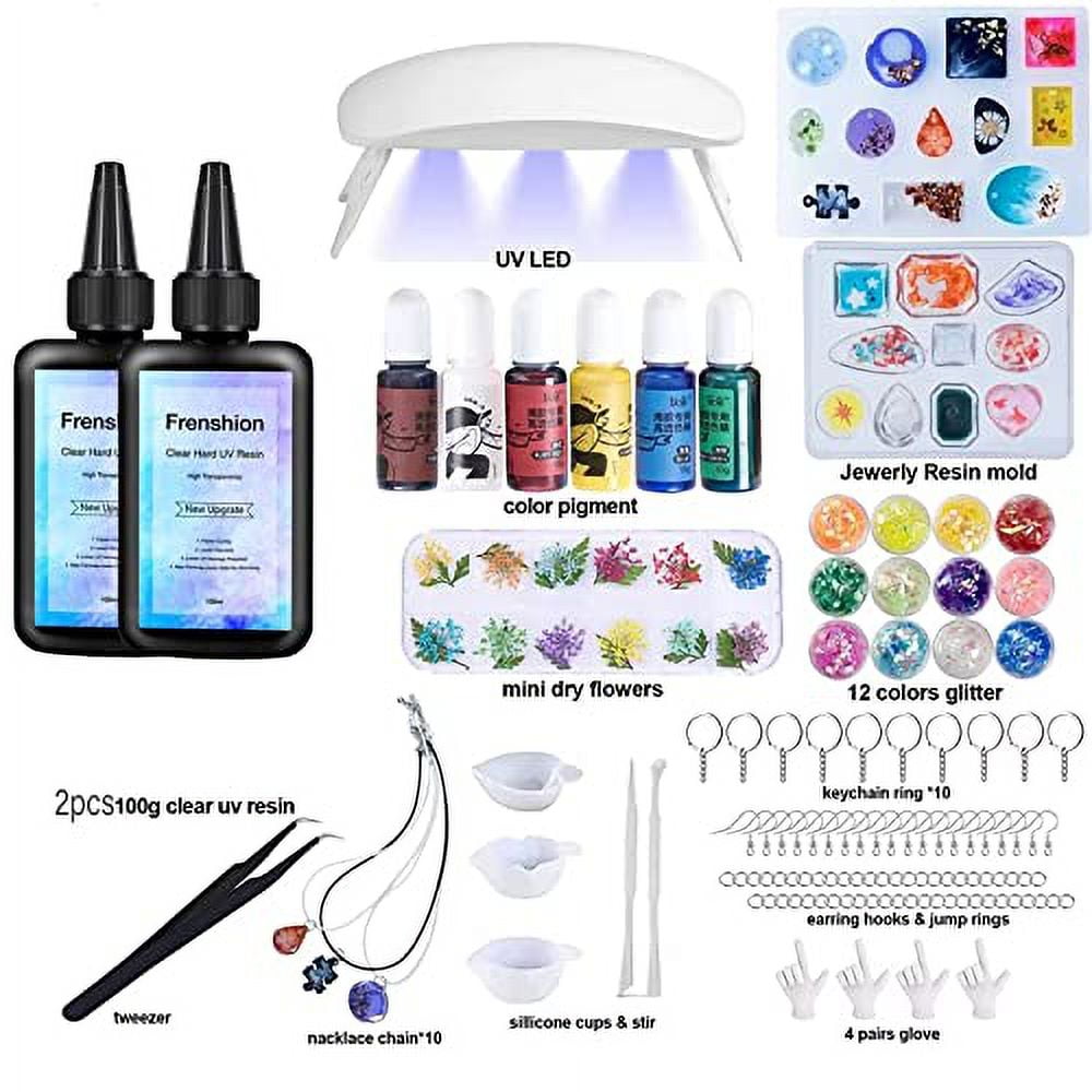 UV Resin Kit with Light,179Pcs Resin Jewelry Making Kit with 200g Fast Cure Clear Hard Low Odor UV Resin, Color Pigment, Resin Accessories, UV Resin Starter Kit for Jewelry Earrings Necklace Bracelet